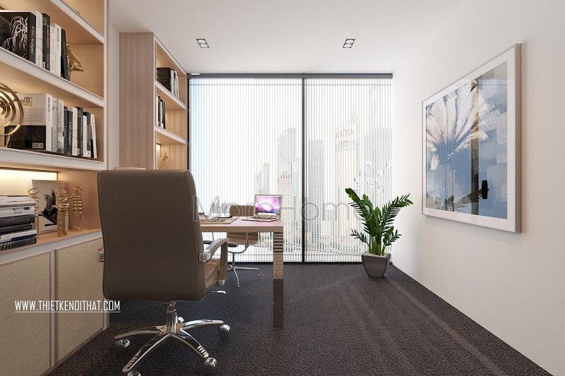 Thiết kế nội thất văn phòng làm việc với đồ nội thất gỗ công nghiệp như: bàn làm việc, kệ treo đựng sách và tài liệu