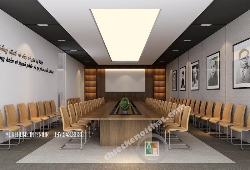 Thiết kế văn phòng đẹp với trần nhà thạch cao kết hợp đèn led tạo điểm nhấn nổi bật cho căn phòng