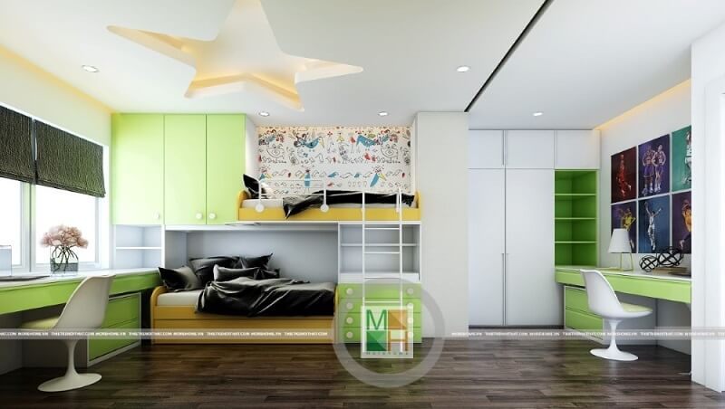 Thiết kế phòng ngủ trẻ em đẹp với mẫu giường tầng gỗ tự nhiện kết hợp hệ tủ quần áo âm tường.