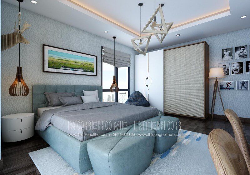 Mẫu giường ngủ tuyệt đẹp này lại sử dụng thiết kế khá đơn giản. Khung giường gỗ tần bì cao cấp được bọc hoàn toàn bởi một lớp da màu xanh nhẹ nhàng tạo sử thoải mái cho người nằm trên đó