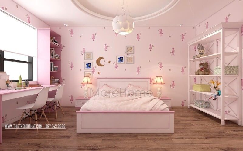 Thiết kế nội thất phòng ngủ bé gái siêu dễ thương với gam màu hồng phấn