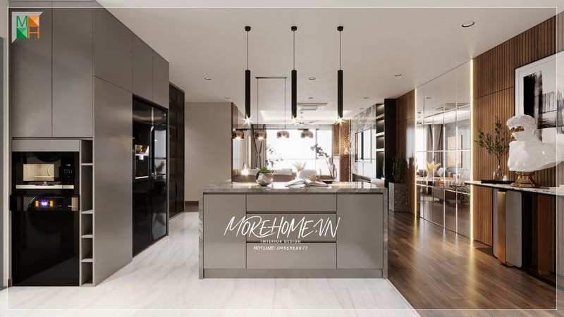 Bàn đảo với thiết kế hiện đại góp phần mang đến sự tiện nghi, sang chảnh cho không gian sống của gia đình.
